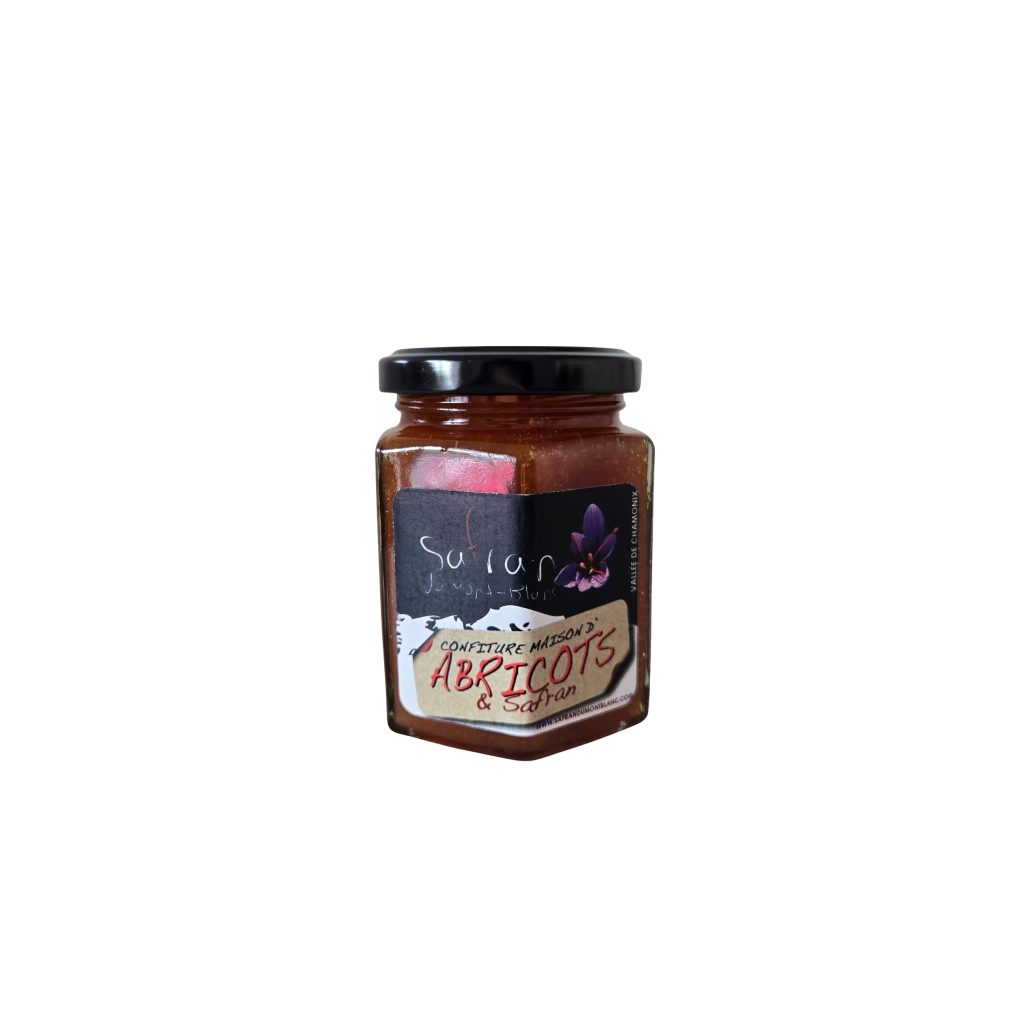 Jar of apricot jam with a label on a white background