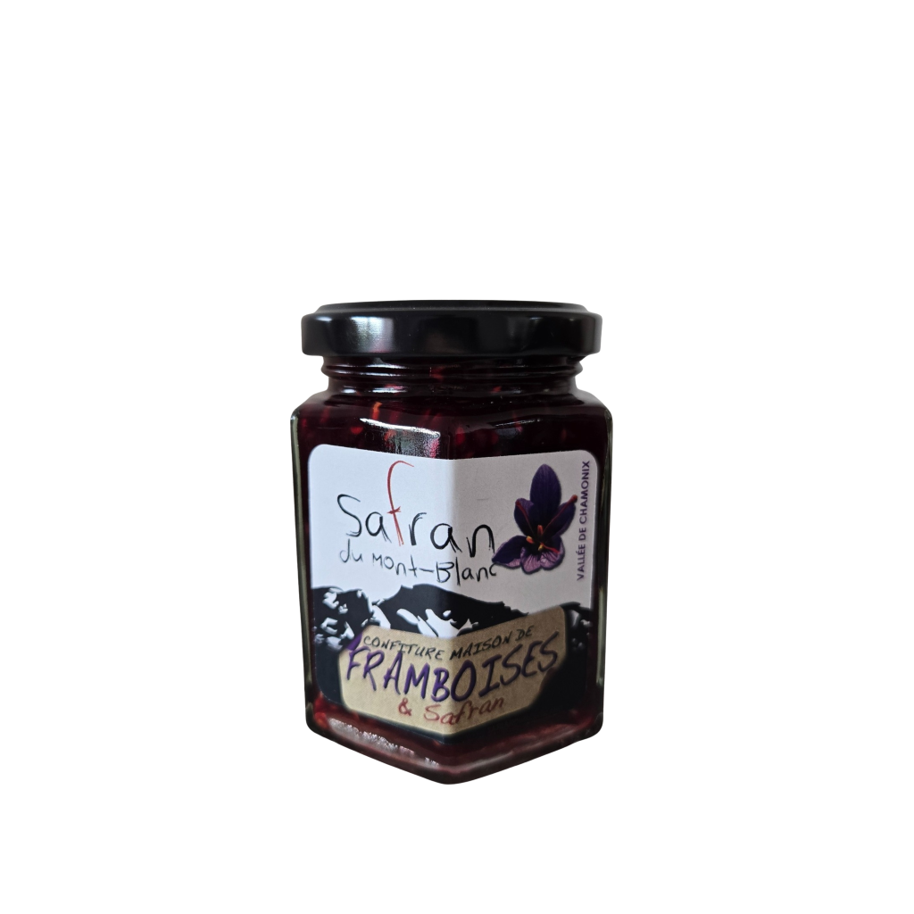 Jar of jam with a label on a white background