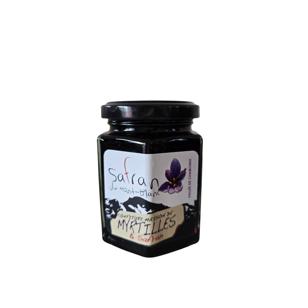 Jar of Sabian du Mont-Blanc myrtilles jam on a white background