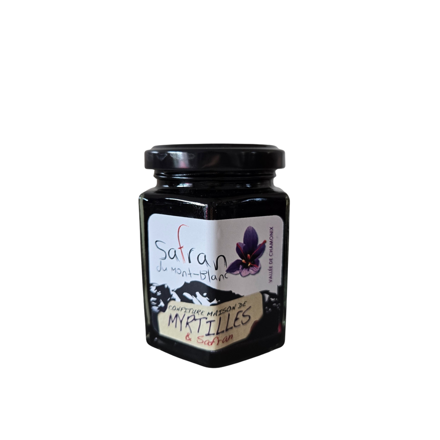 Jar of Sabian du Mont-Blanc myrtilles jam on a white background