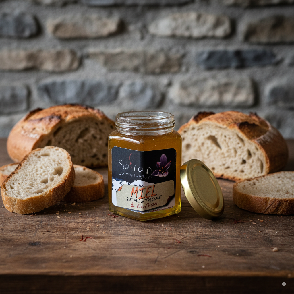 Jar of honey with a label in front of sliced bread on a wooden surface with a stone wall background