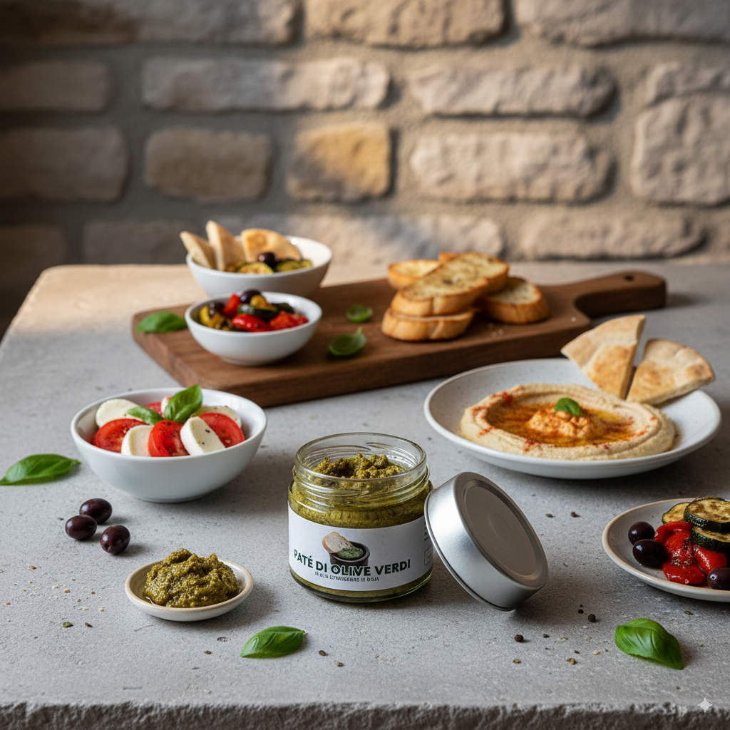 Table with various food items and a jar of 'Pate Di Olive Verdi' against a stone wall background.